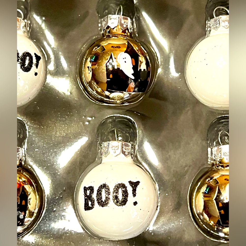 20 Mini Halloween Glass Ball Ornaments Haunted House Boo Ghost Gold Black White
